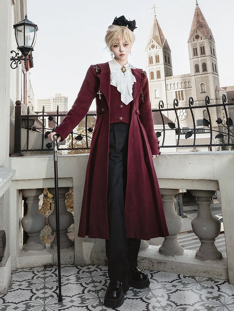 White Ouji Lolita Long Sleeves Shirt + Black High Waist Pants + Cross Charms Red Bat Wings Collar Coat