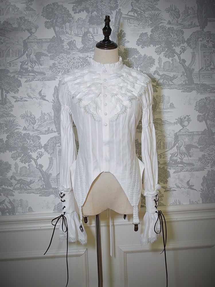 White Ruffle Neckline Leg-of-Mutton Sleeves Blouse