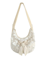 Bead and Butterfly Details Beige Bowknot Canvas Crossbody with Ruffle Trim