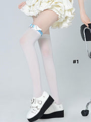 White Ribbed Trim Over Knee Stockings with Garter 5 Options