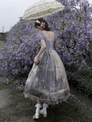 Purple and Beige Overlay Floral Print Basque Waist Lolita Dress