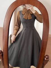 Retro Fashion Elegant Gray Square Neckline Midi Dress with Cinched Waist and Back Lacing
