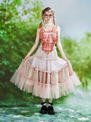 Pink Floral Embroidery Skirt with Lace Flounce Hem