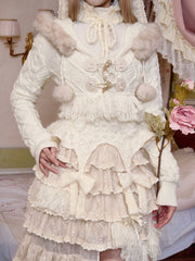 Cream White Cable Knit Cropped Hooded Cardigan with Detachable Fur Trim