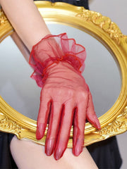 Wine Red/Black/White See-through Tulle Gloves
