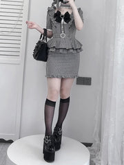 Ladylike Elegance Jirai Kei Dress: Black Plaid Bodycon featuring Defining Puff Ruffles