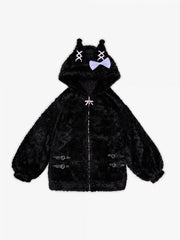 Soft and Cozy Black&Purple Lace-Up Evil-ears Fleece Hooded Coat with Bowknots and Heart Buckles