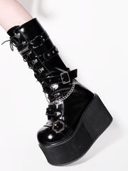 Studs Chains Metal Punk Polished Black Platform Boots