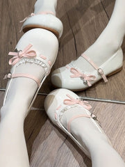 Sweet Lolita White Round-Toe Flats - Pink Knotted Bow Accent & Heart-Shaped Buckle with Delicate Lace Trim