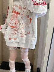 White & Red Striped Regular/Thicken Jacket with Cartoon Graphics