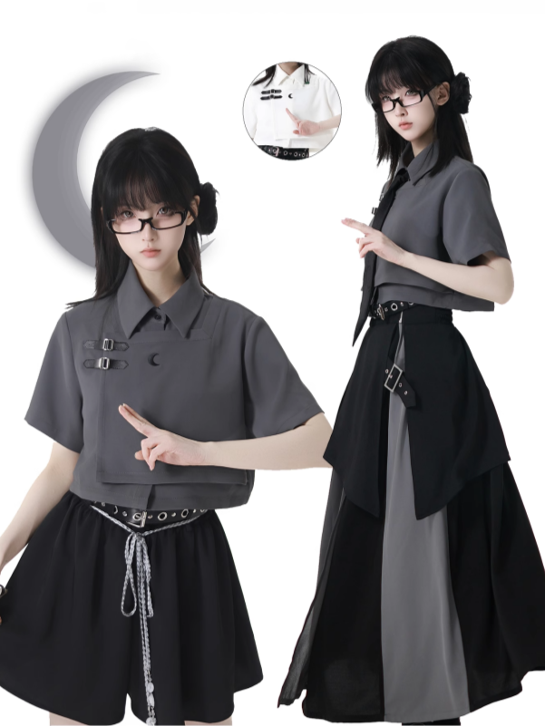 White/Gray Leather Buckles Cheongsam Style Short Sleeves Cropped Shirt with Tie