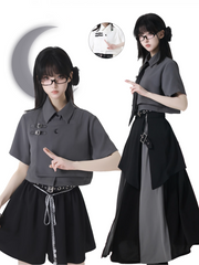 White/Gray Leather Buckles Cheongsam Style Short Sleeves Cropped Shirt with Tie