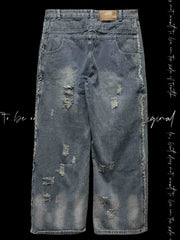 Y2K Wasteland Blue Straight-Leg Jeans with Distressed Holes and Graphic Print