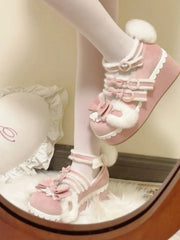 Round Toe Pink Sweet Lolita Platform Shoes with Bow Details, Lace Trim & Bunny Motifs