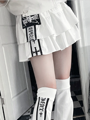 White Tiered Ruffle Skirt with Black Cross Prints & Elastic Waist