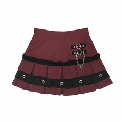 Y2K Red/Pink/Purple Heart Buckles Box Pleat Lined Tiered Skirt