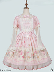 Pink Bunny and Dessert Print Sweet Lolita Dress with Lace Hem/Cotton Edge Hem