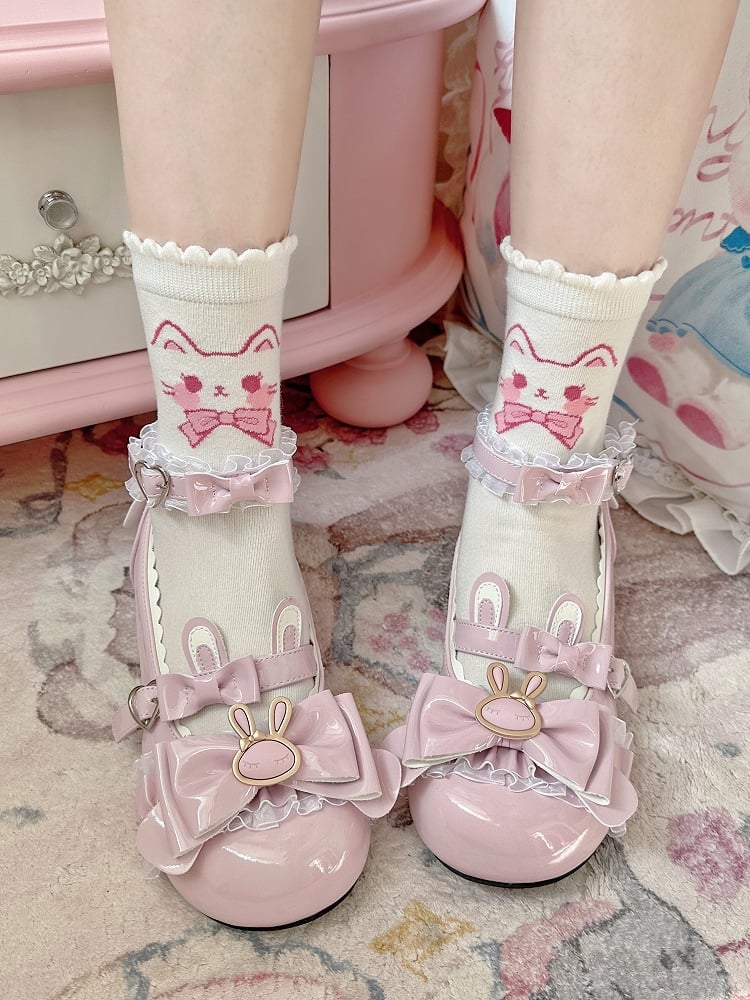 Pink White Kitty Print  Lolita Ankle Socks