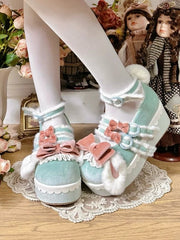 Sweet Green & Pink Mary Jane Shoes - Cozy Plush Interior with Rabbit Ear Bow & Lace Edging