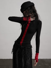 Urban Goth Black & Red Color-Block Design Knit Long-Sleeve Top