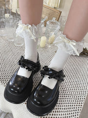 White/Black Lolita Lace Trim Cotton Socks with Rose Bow Decoration