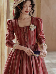 Red Vintage Striped Pattern Lace Trim Square Neckline Dress