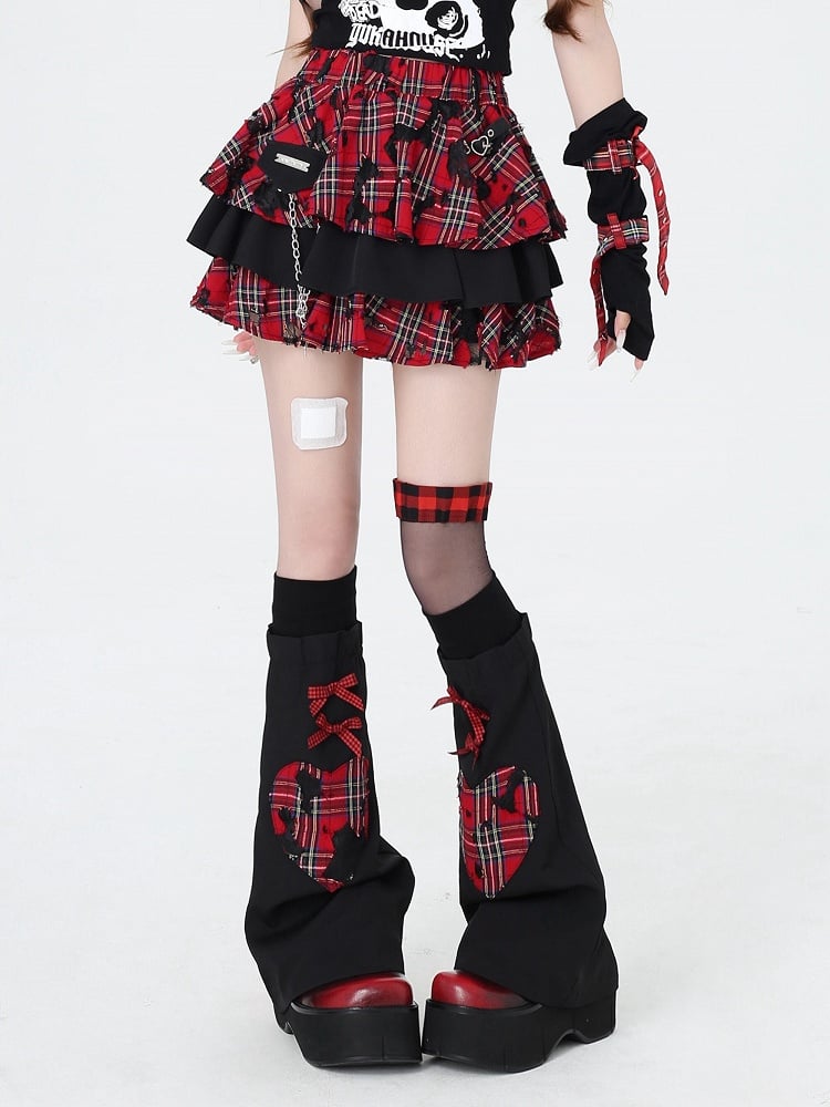 Punk Rock Chain Decorated Red and Black Plaid Tiered Skirt with Free Leg Sleeves