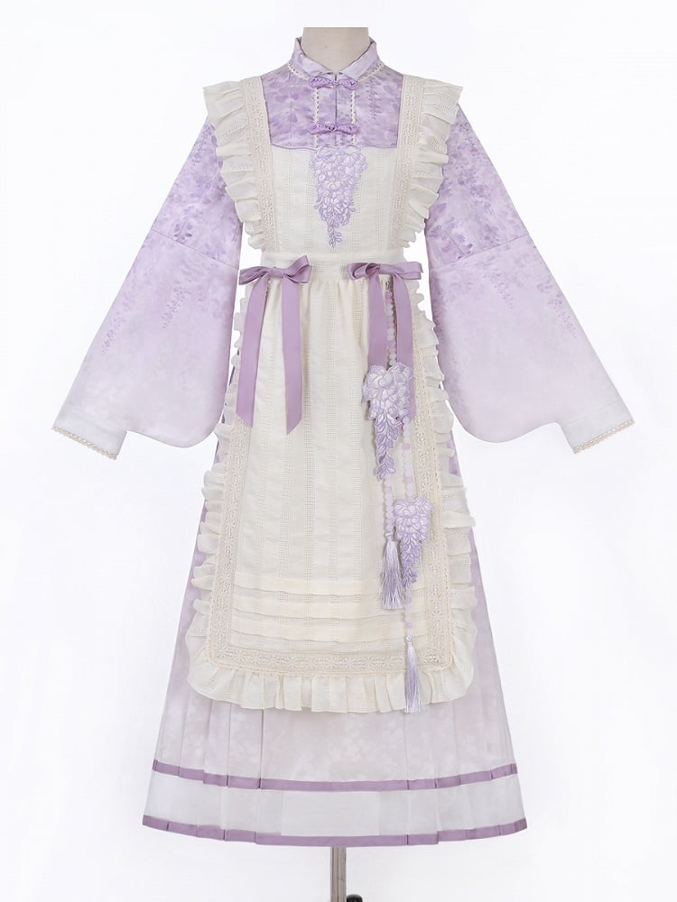 Wisteria Floral Print Purple Han Lolita Dress + Beige Apron with Tassel Beaded Charm