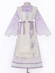 Wisteria Floral Print Purple Han Lolita Dress + Beige Apron with Tassel Beaded Charm