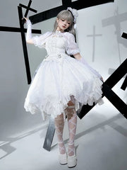 White Shiro Gothic Lolita Irregular Spider Web Hem Dress + Short Sleeves Top