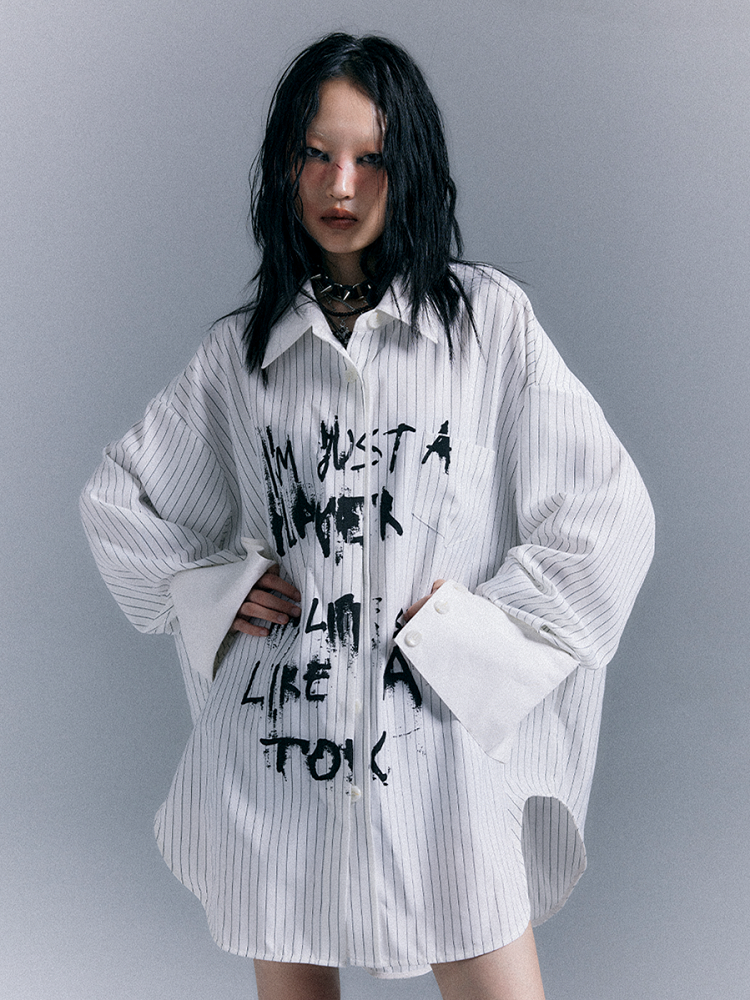 White Punk Graffiti Letter Print Striped Shirt