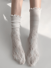White/Black Floral Pattern Lace Socks