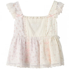 Pink Flutter Sleeve Bowknot Details Ruffled Lace Trim Floral Tank Top