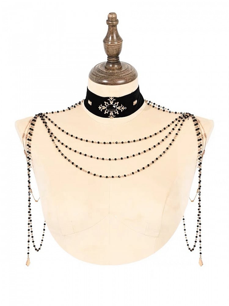 Black Velvet Choker with Gold Shoulder Bead Chain