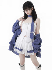 White Pointed Hem Zip-Up Cami Top with Side Drawstrings