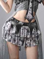 Y3K Fashion Futuristic Silver Gray Low Waist Bat Wing Detail Waistband Sequins Tiered Cyberpunk  Skirt