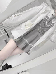 White Jirai Kei Plush Bunny Ear Jacket with Sleeve Lace-Up Detail & Decorative Crossed Pins Back