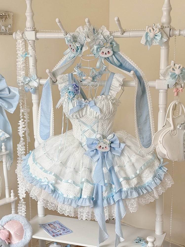 Blue Corset Waist Rabbit-Themed Polka Dots Dress Sweet Lolita JSK / Full Set
