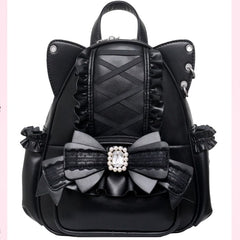 Jirai Kei Black Cat Ear Backpack With Beaded and Rhinestone Bow