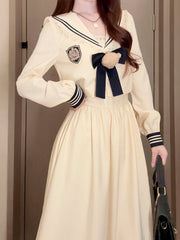 Beige & Dark Blue Sailor Collar Lolita Long-Sleeve Top + Maxi Dress Set