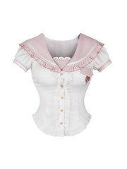 White Sailor Collar Puff Sleeve Blouse with Lace-Trimmed Button Placket