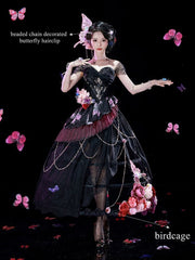 Black & Purple Butterfly Print Off-the-shoulder Lolita Dress+Skirt+Birdcage Petticoat+Hairclips+Necklace+Earrings+Wrist Cuffs Set