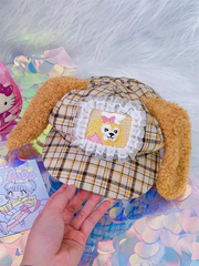 Yellow Plaid Pattern Puppy Plush Ears Adjustable Beret