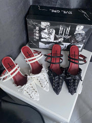 White Lace-up Detail Pointed Toe Gothic Slingback  Sandals