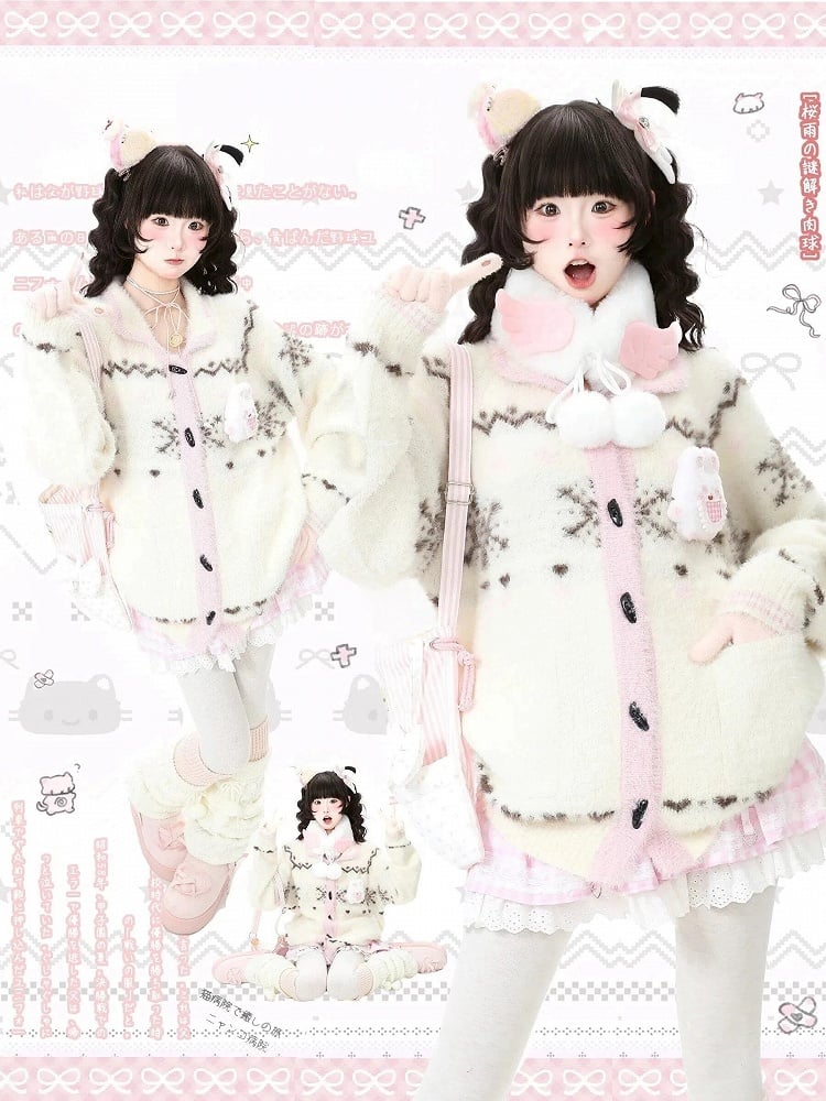 Pink/Red Daily Kawaii Cardigan with Practical Pockets, Horn Toggle & Heart Pattern