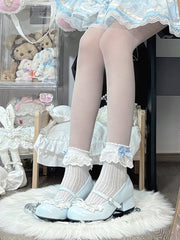 Clearance - Size 38 for Foot Length 24cm Mid-heel Blue Round Toe Sweet Mary Janes for Lolita - Bow at Top, Multi-Layer Lace & Rhinestone Fastened