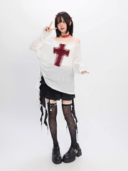 Off-the-Shoulder Neckline Coverup Black/White with Red Cross Applique