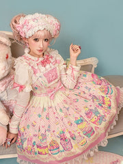 Pink & White Flutter Sleeves Sweet Lolita JSK Dress with Cupcake Prints and Lace Trim