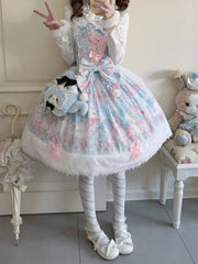 Blue & Pink Cat Print Sweet Lolita Dress with Bow Accents and Fur Trim Hem