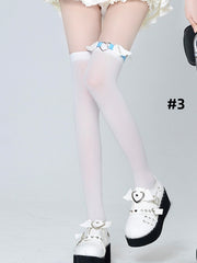White Ribbed Trim Over Knee Stockings with Garter 5 Options